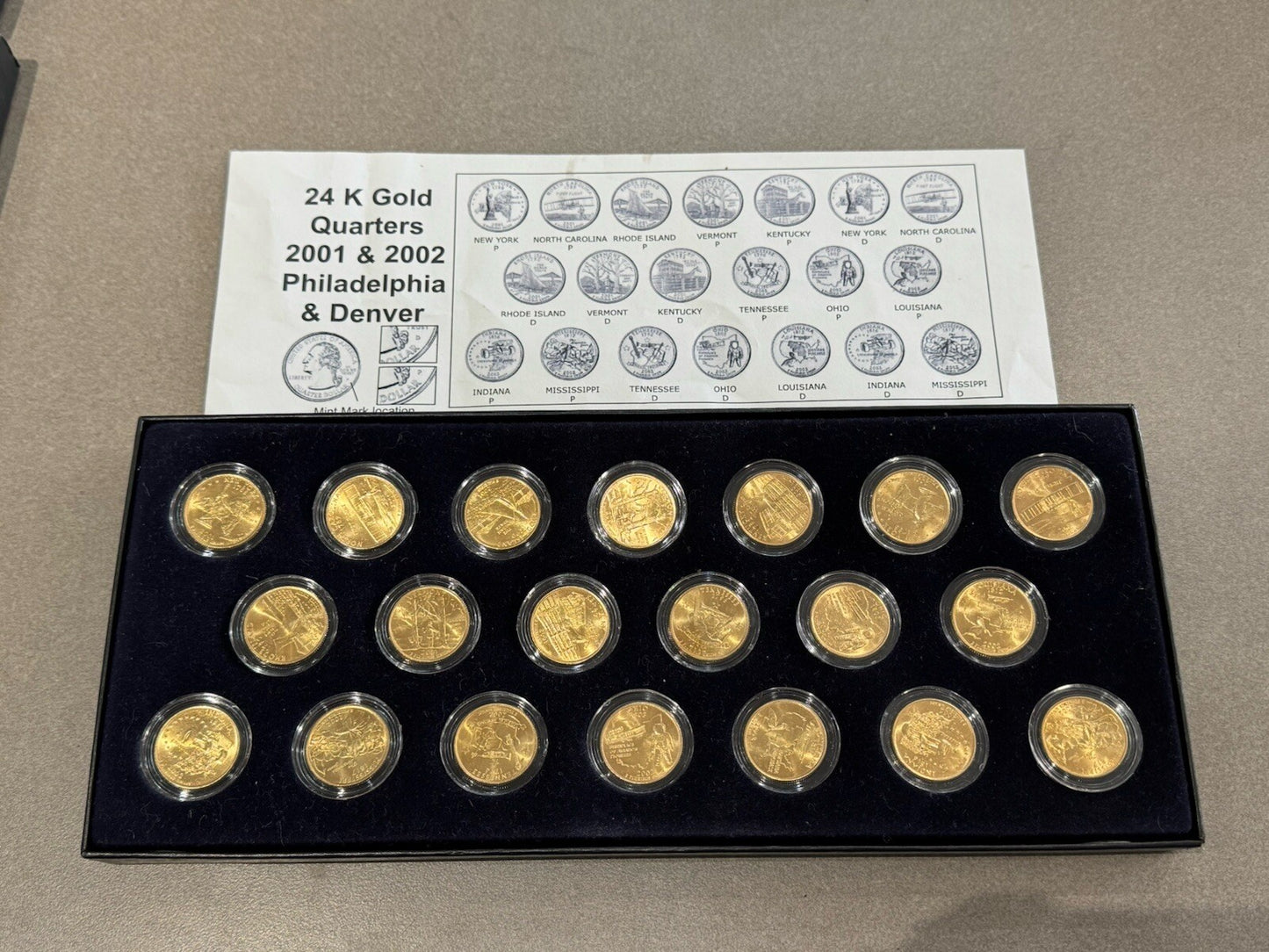 2001- 2002 24kt Gold Plated US Mint State Quarters Set in Box Encapsulated !!
