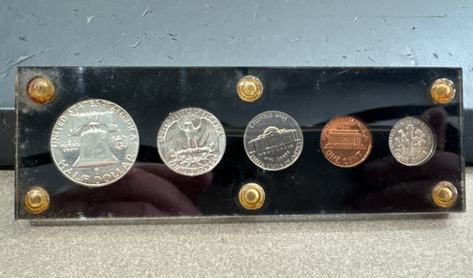 1963 US Mint Proof Set 5 Coins 90% Silver IN BLACK LUCITE HOLDER