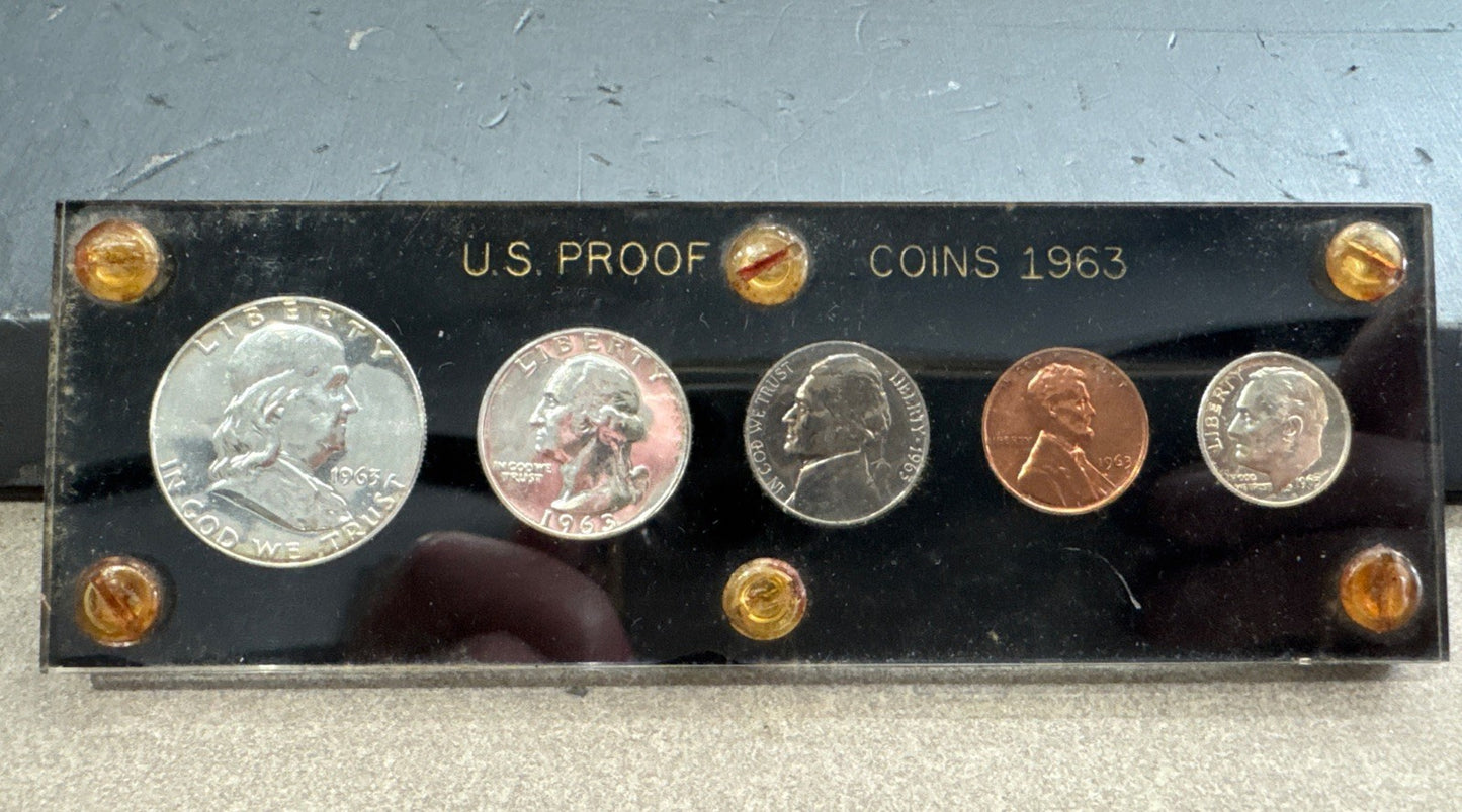 1963 US Mint Proof Set 5 Coins 90% Silver IN BLACK LUCITE HOLDER