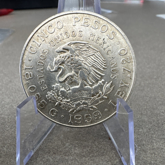 1959 Mo Mexico Silver 5 Pesos Ano de Carranza CINCO PESOS .720 Silver