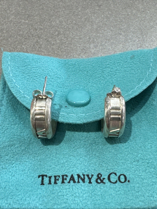 Tiffany & Co Atlas Sterling Silver Roman Numeral Stud Hoop Solid Huggy Earrings