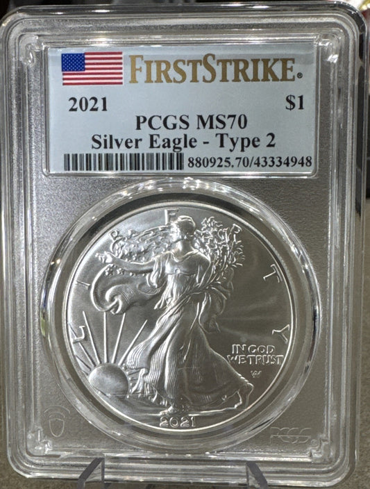 2021 $1 Silver American Eagle Type 2 PCGS MS70 First Strike  - Blue Flag Label