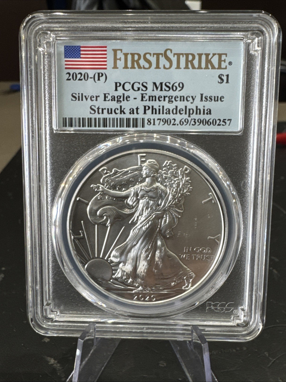 2020 P $1 PCGS MS69 Silver Eagle-Emergency Issue, First Strike Coin