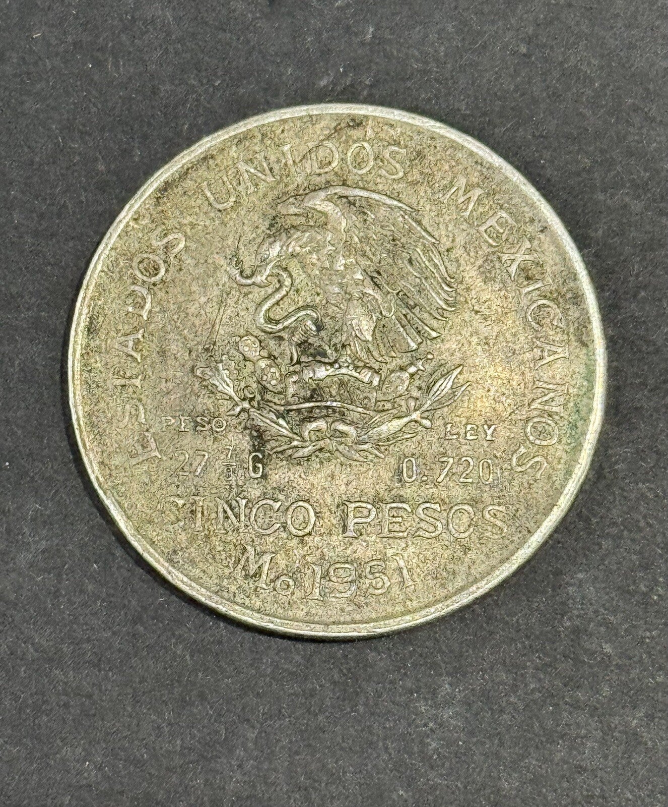 CINCO PESO .72 % SILVER MEXICAN COIN 1951 HILDAGO