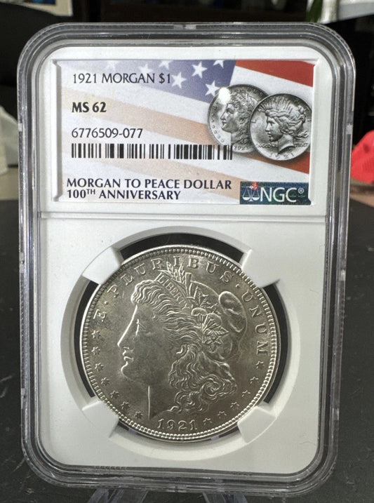 1921-P  $1  MORGAN SILVER DOLLAR MINT STATE NGC MS62 Anniversary Label Sharp