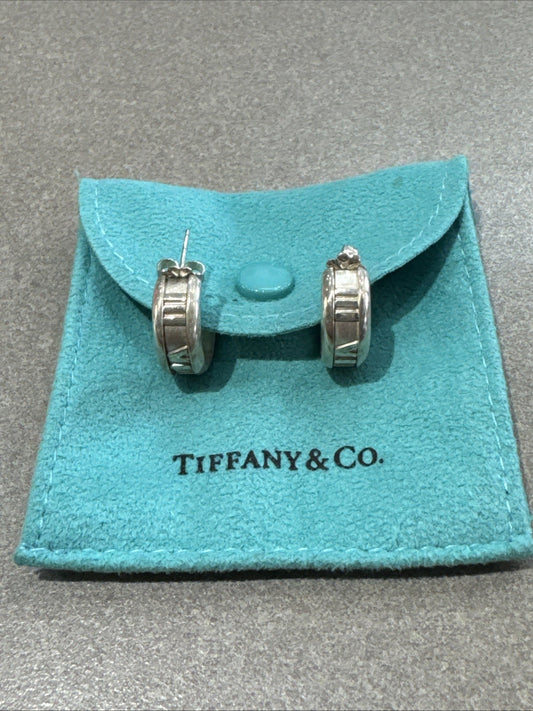 Tiffany & Co Atlas Sterling Silver Roman Numeral Stud Hoop Solid Huggy Earrings