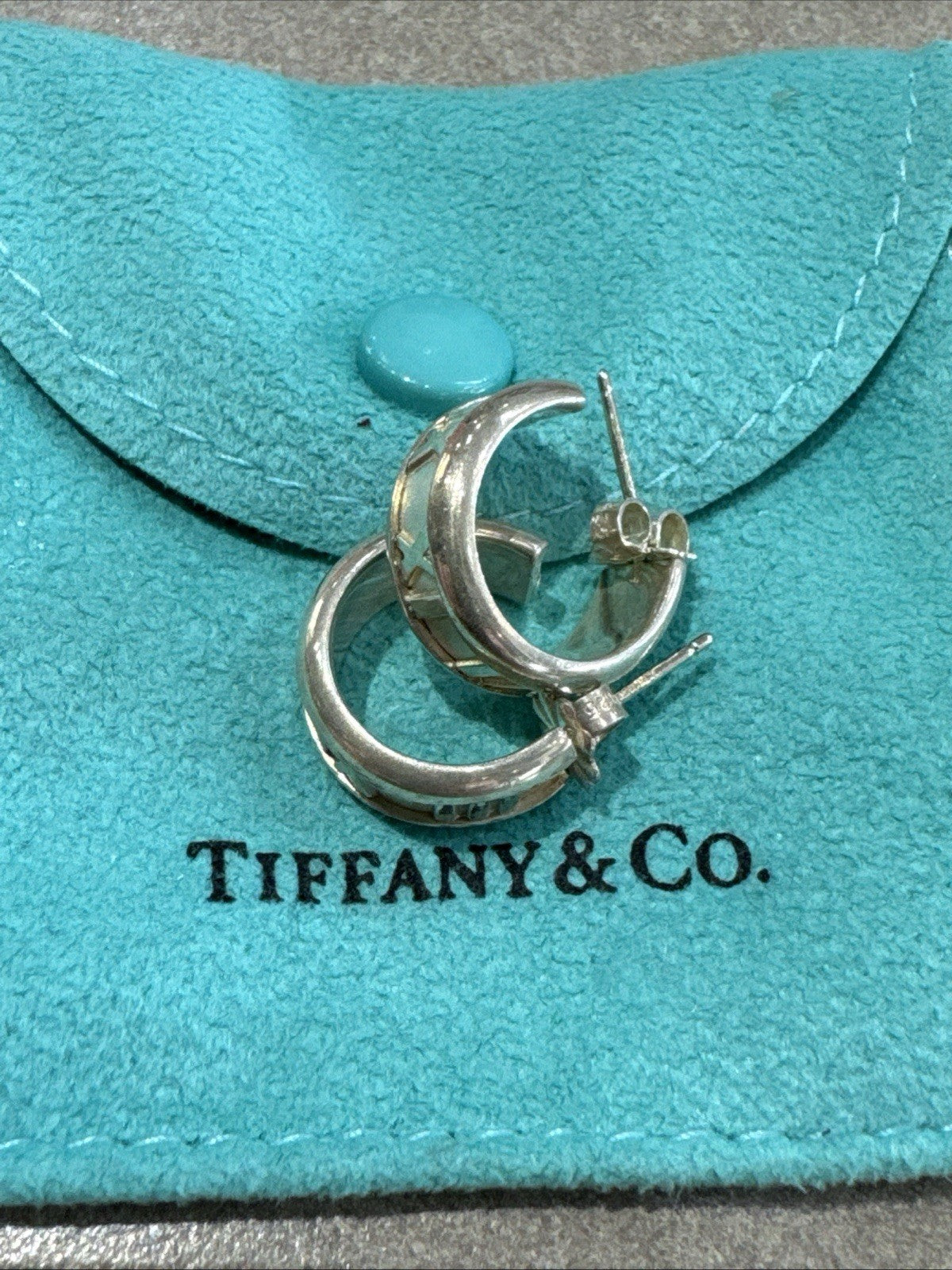 Tiffany & Co Atlas Sterling Silver Roman Numeral Stud Hoop Solid Huggy Earrings