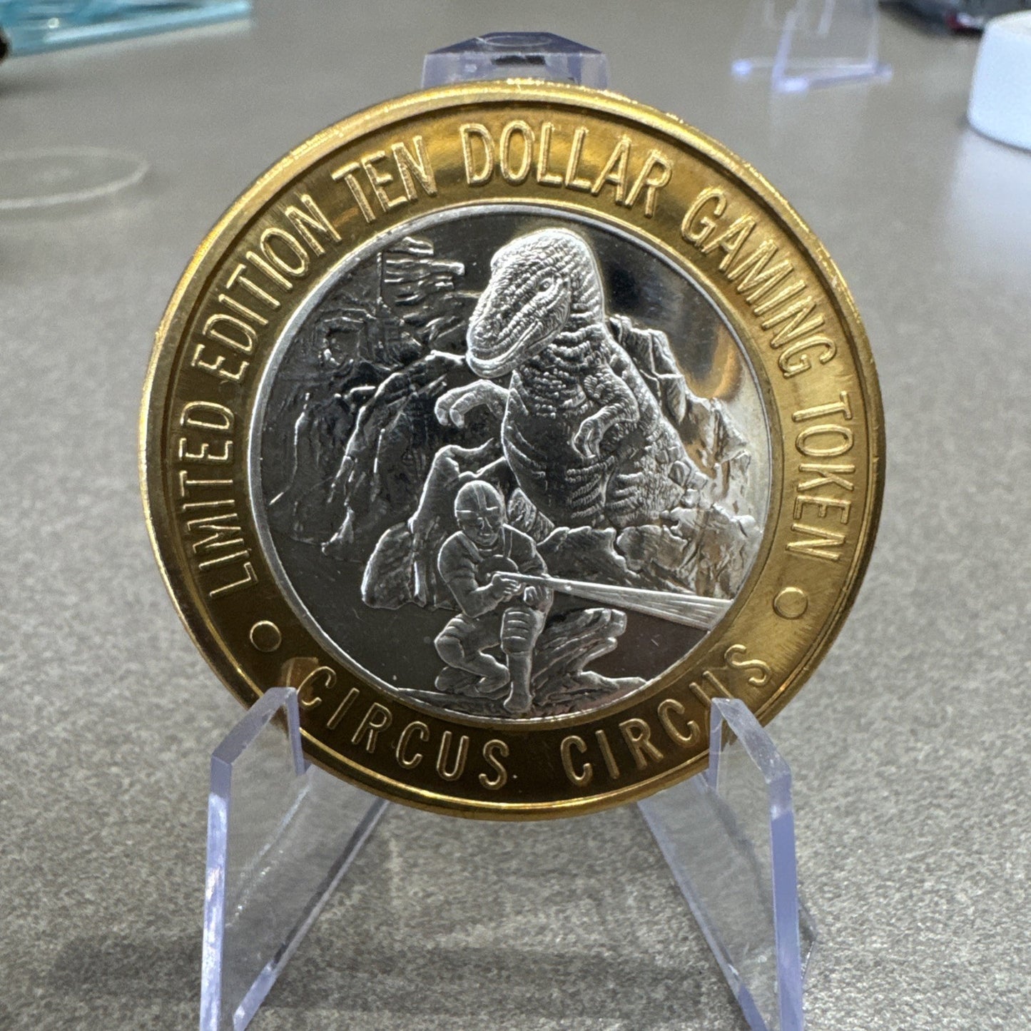 Vintage T Rex Edition Circus Circus $10 Token In Case .999 Fine Silver