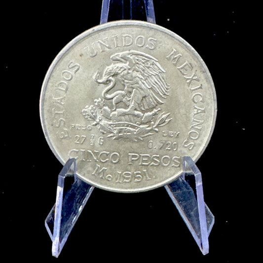 1955 SIlver Coin - Mexico Hidalgo Cinco 5 Pesos Ley .720 Silver Coin