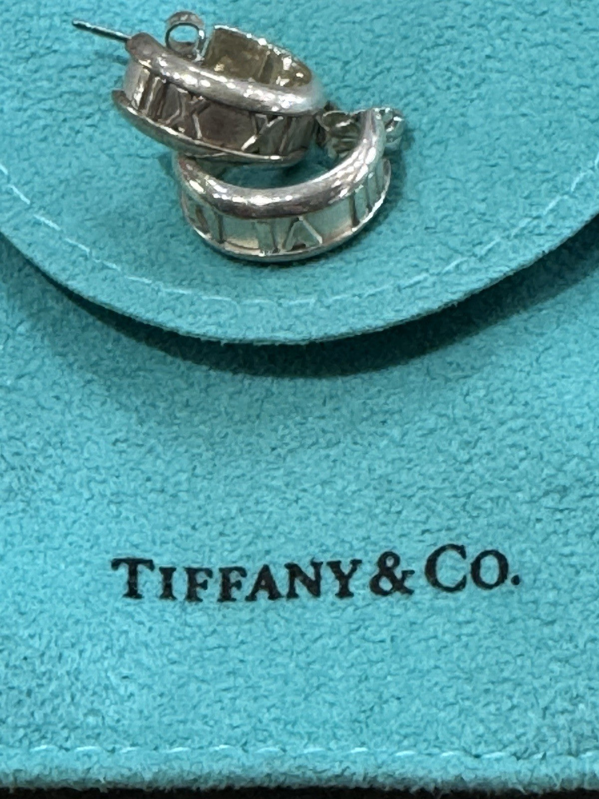Tiffany & Co Atlas Sterling Silver Roman Numeral Stud Hoop Solid Huggy Earrings