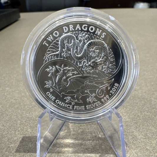 2018 SILVER GREAT BRITAIN 2 POUNDS TWO DRAGONS 1 OZ COIN IN CAPSULE