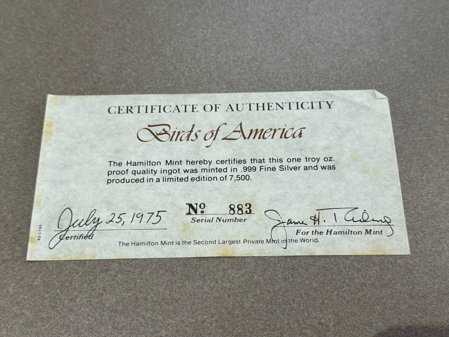 "BIRDS OF AMERICA" LARGE COLOR PRINTS AND 12 OZ. .999 SILVER BARS, #838 Of 7500