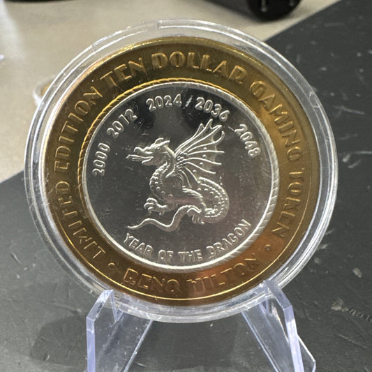 Reno Hilton $10 Gaming Token .999 Silver Center Year If The Dragon COLLECTABLE