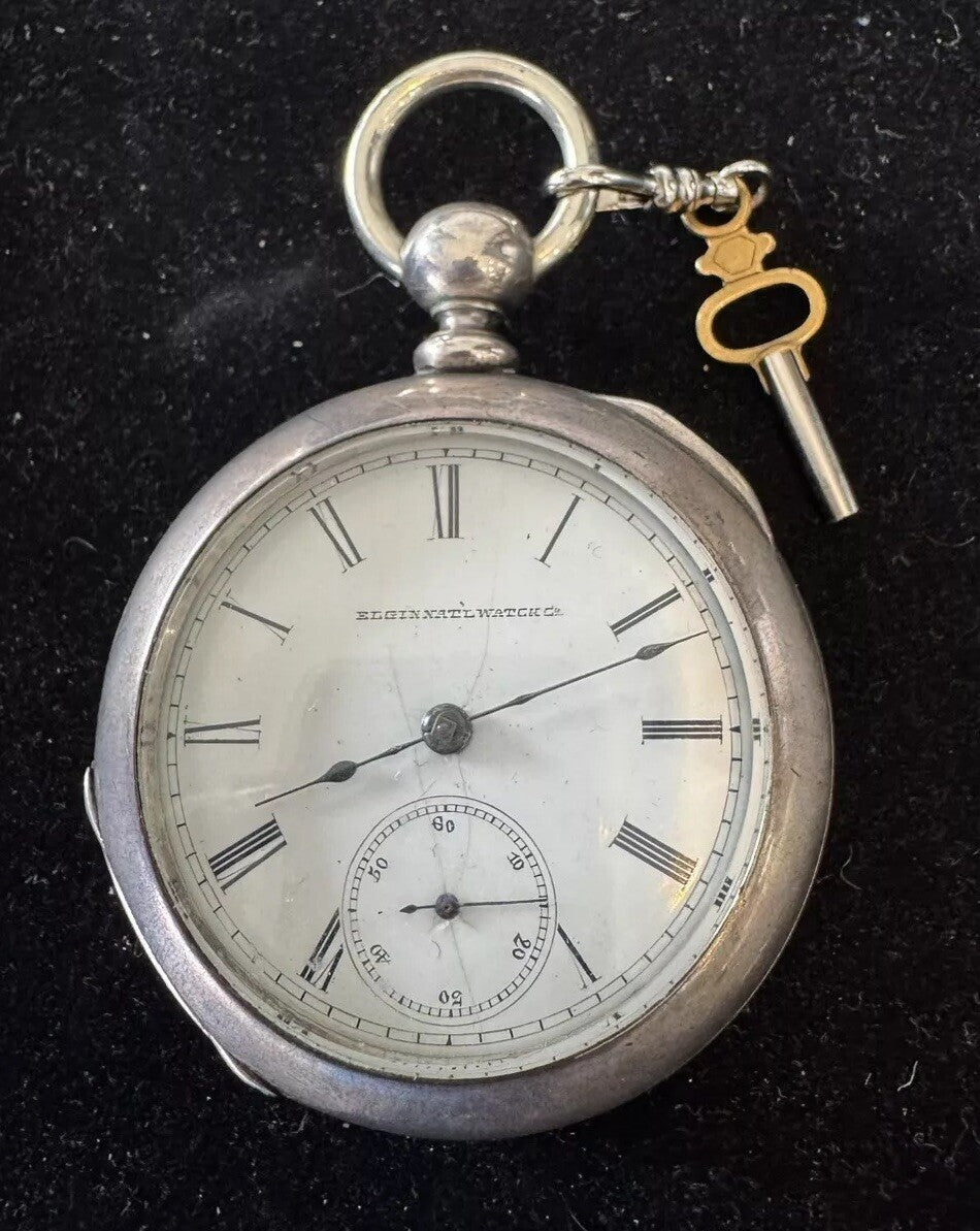 Antique Elgin Coin Silver Pocket Watch with Key Working Read Description!