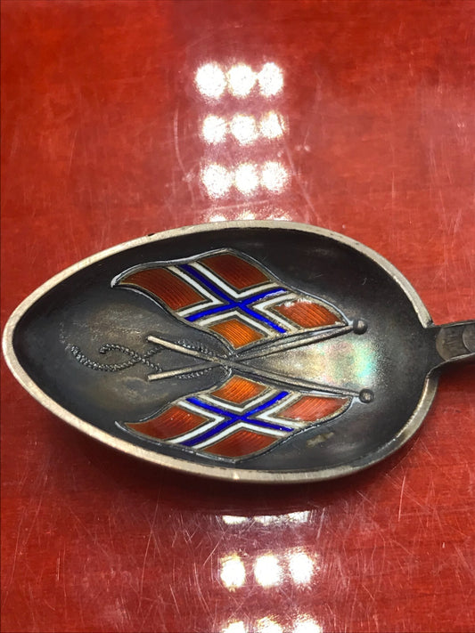 Vintage Sterling Silver NORWAY AKSEL HOLMSEN Enamel Souvenir Spoon 4.25" 9.1g