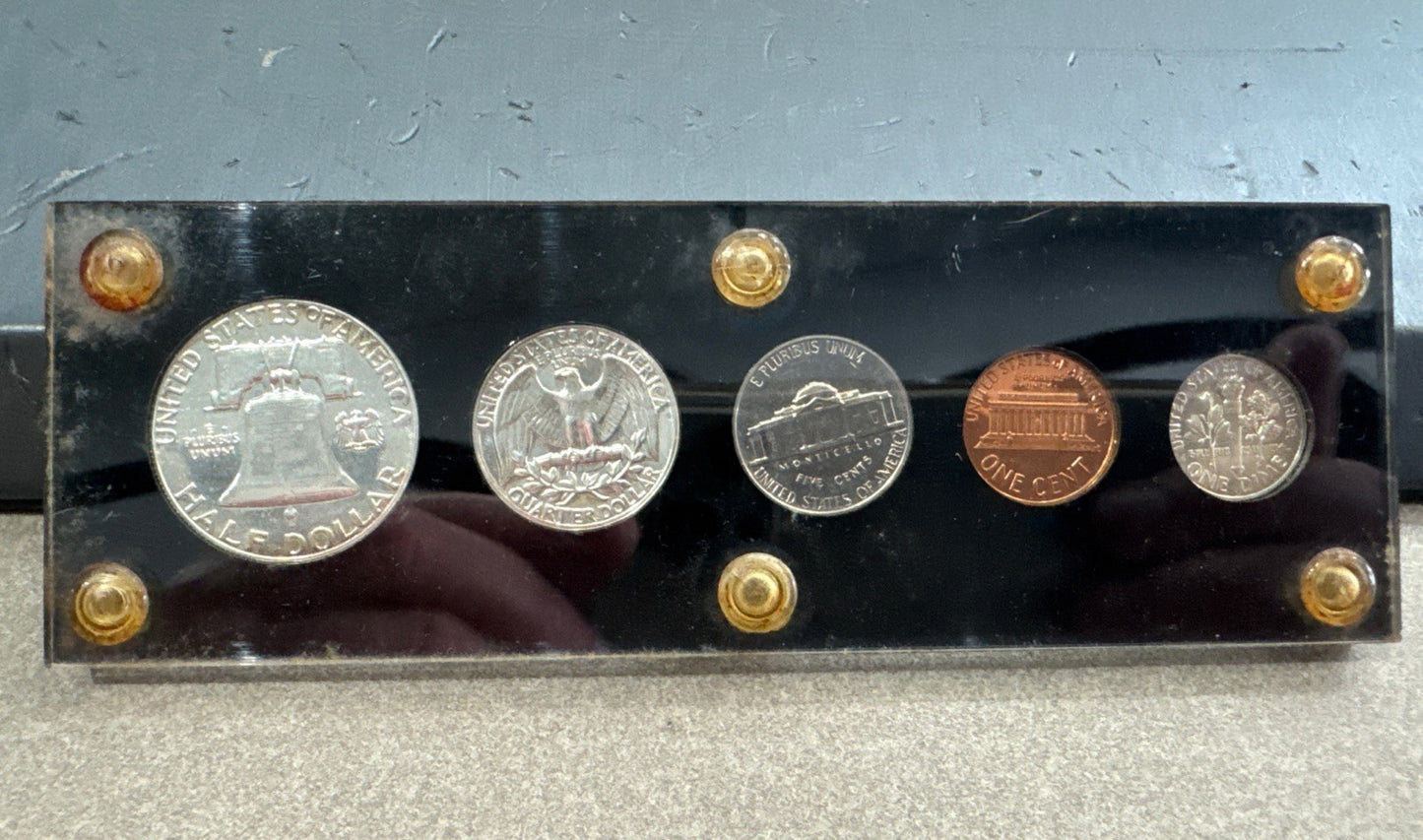 1963 US Mint Proof Set 5 Coins 90% Silver IN BLACK LUCITE HOLDER