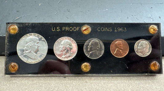 1963 US Mint Proof Set 5 Coins 90% Silver IN BLACK LUCITE HOLDER
