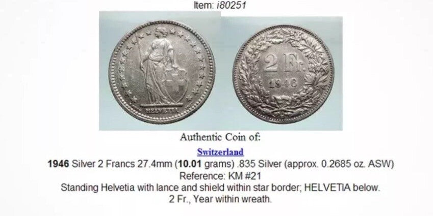 1946 SWITZERLAND - SILVER 2 Francs Coin HELVETIA Symbolizes SWISS Nation