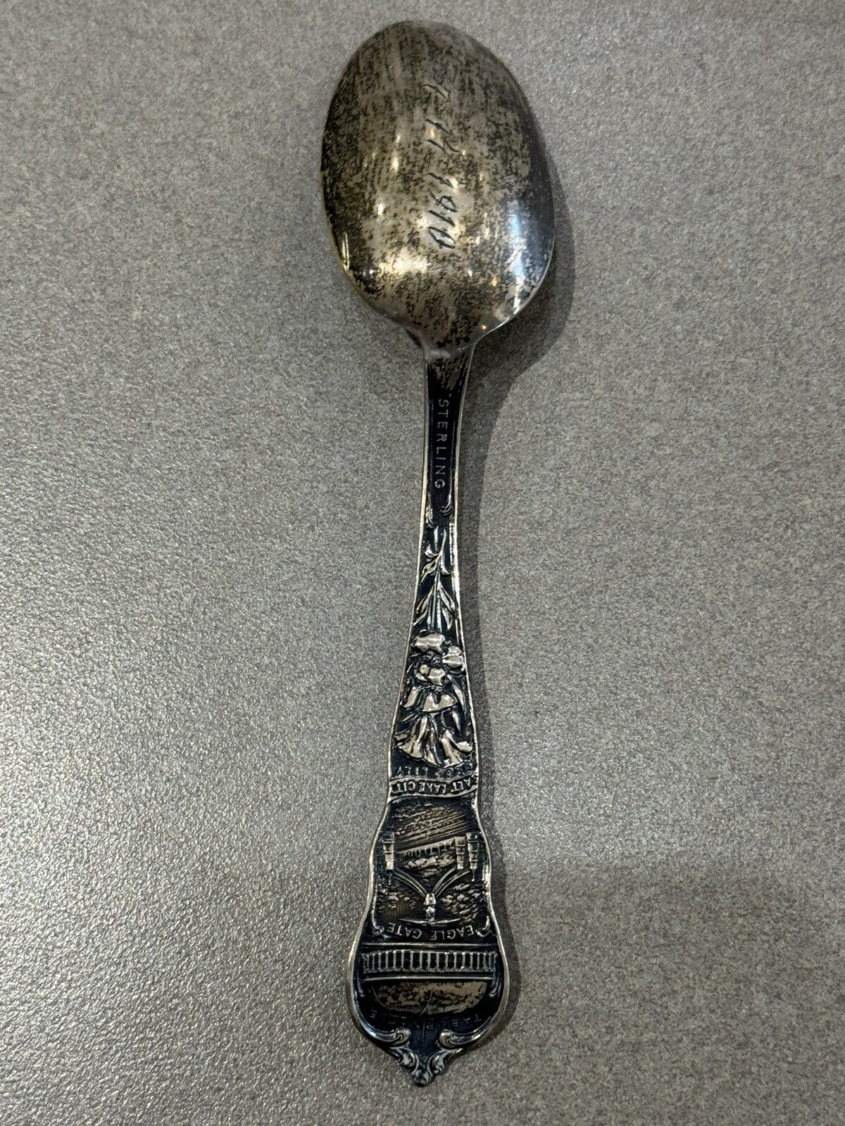 Sterling Silver Eagle Gate Salt Lake City Utah Souvenir Spoon 1910 23.2Gr 5 7/8”