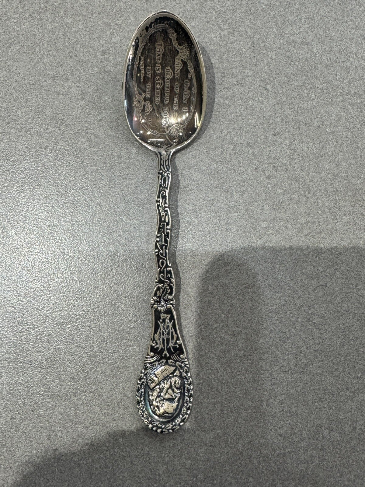 Antique Longfellow Portland ME Sterling Silver souvenir spoon, 28 grams 6”