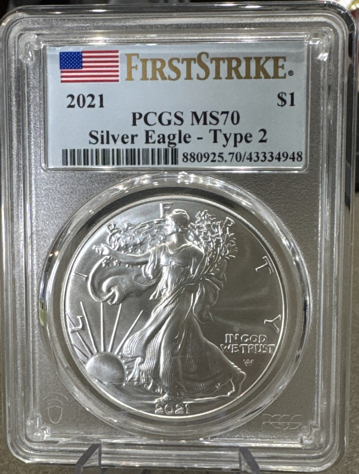 2021 $1 Silver American Eagle Type 2 PCGS MS70 First Strike  - Blue Flag Label