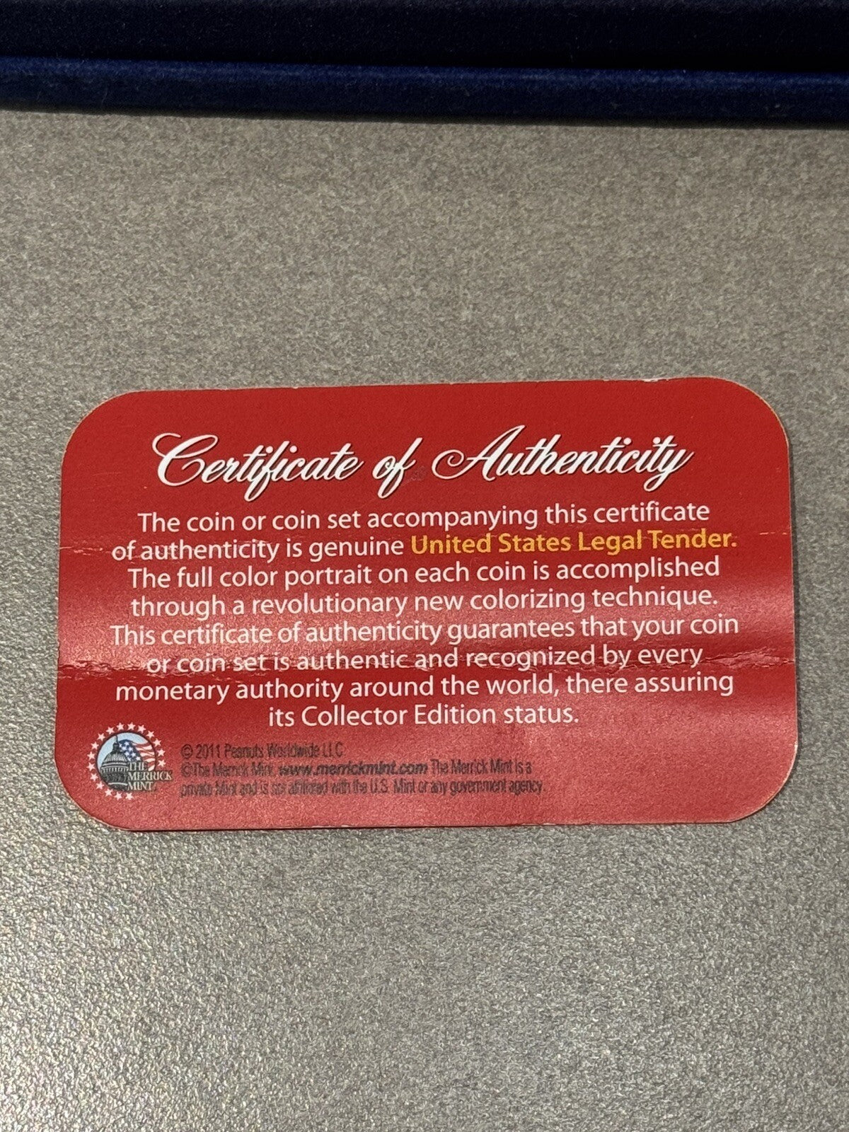 2011 NINE COIN PEANUTS MERRIK COLORIZED COIN COLLECTION WITH COA