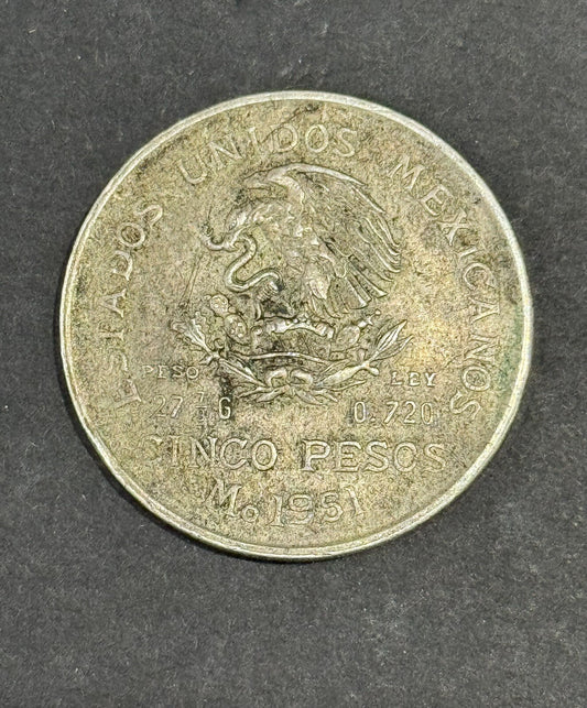 CINCO PESO .72 % SILVER MEXICAN COIN 1951 HILDAGO