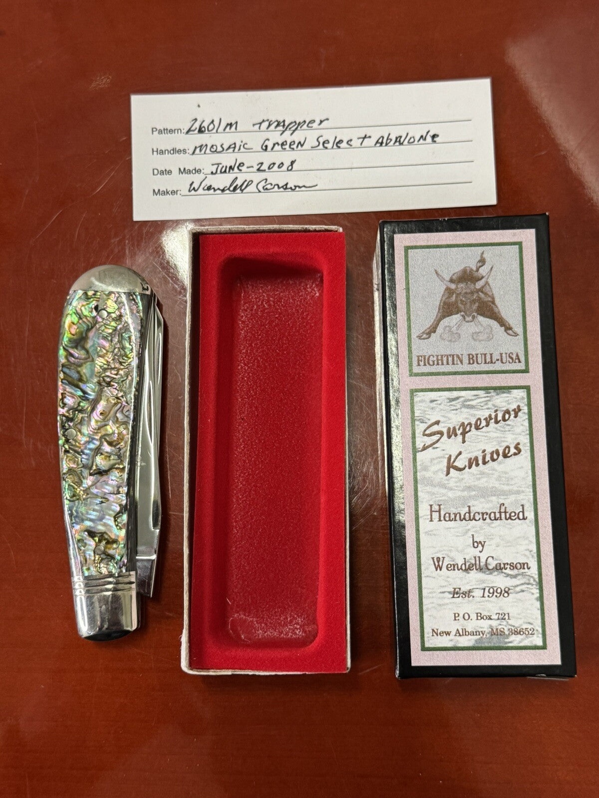 Wendell Carson Pocketknife Fightin Bull 2601m 2008 Trapper Mosaic Green Stunner