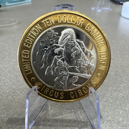 Vintage T Rex Edition Circus Circus $10 Token In Case .999 Fine Silver