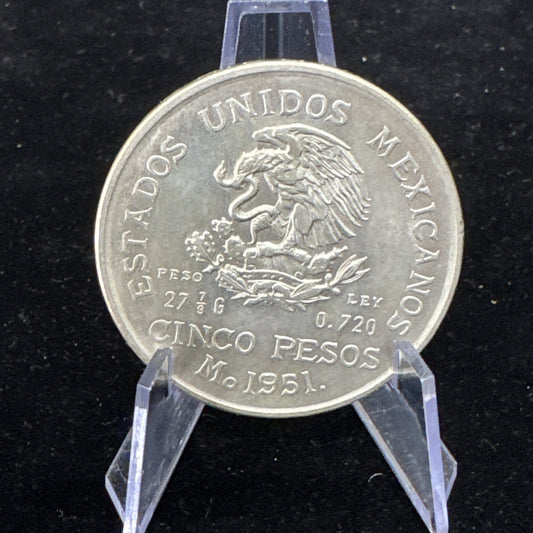 1951 SIlver Coin - Mexico Hidalgo Cinco 5 Pesos Ley .720 Silver Coin
