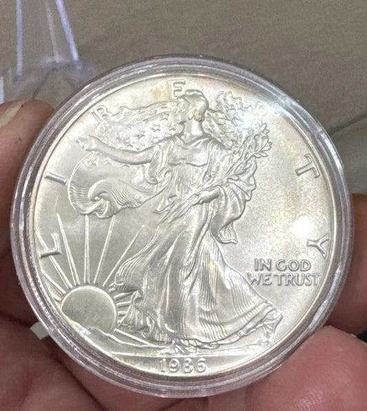 1986 American Silver Eagle Dollar, Gem, 1 Oz .999 Silver, First Year Of Issue.
