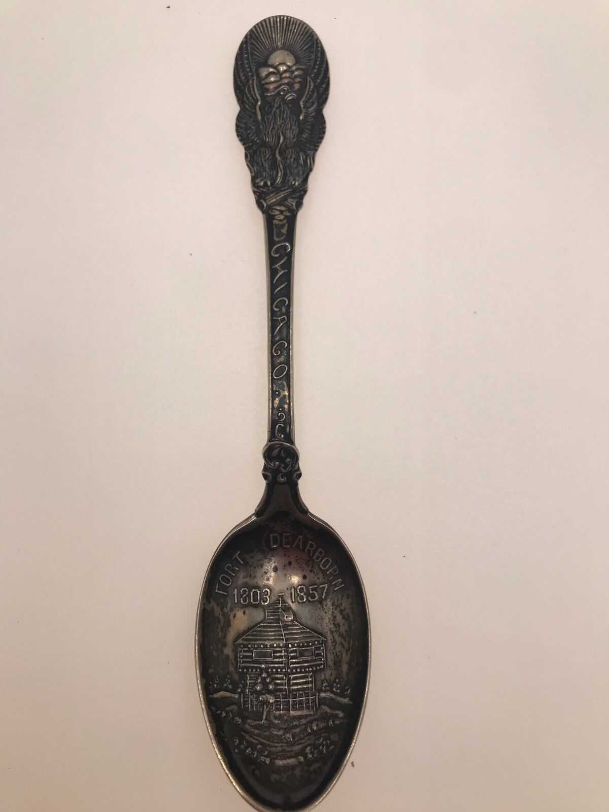 Hymanberg & Co chicago sterling spoon Fort Dearborn Souvenir spoon 6" 26.1g