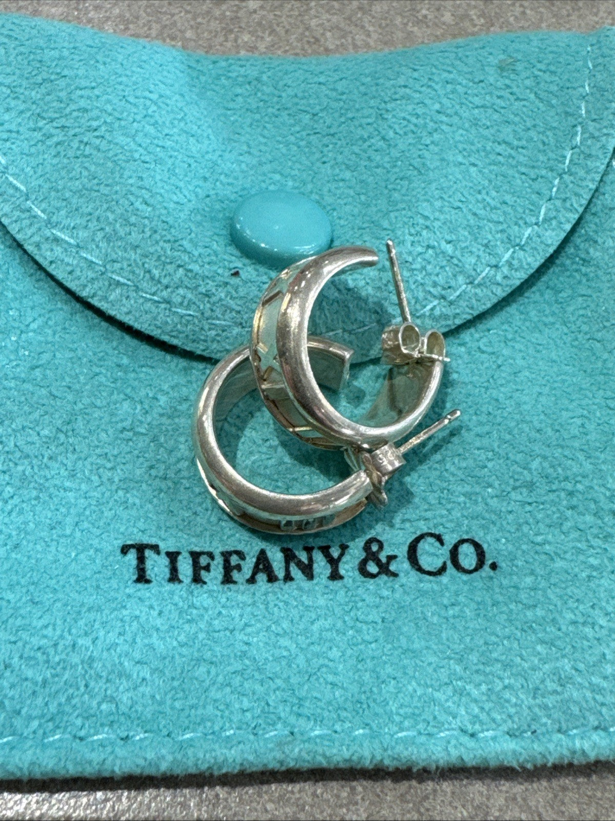 Tiffany & Co Atlas Sterling Silver Roman Numeral Stud Hoop Solid Huggy Earrings
