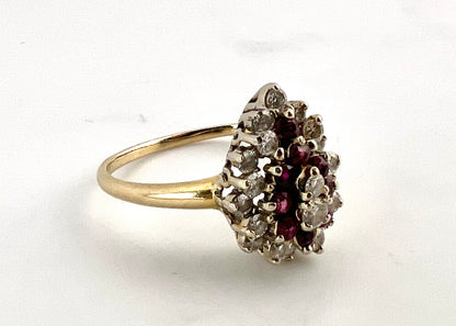 14K yellow gold ladies, pear-shaped, diamond, and ruby cluster ring