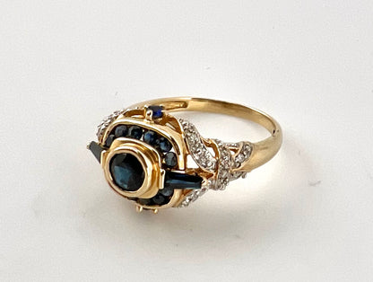 14K yellow gold, ladies, diamond, and sapphire ring