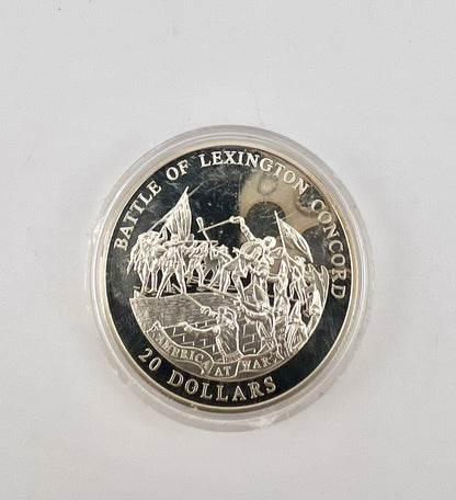 BATTLE OF LEXINGTON CONCORD REVOLUTIONARY WAR $20 LIBERIA 999 SILVER COIN