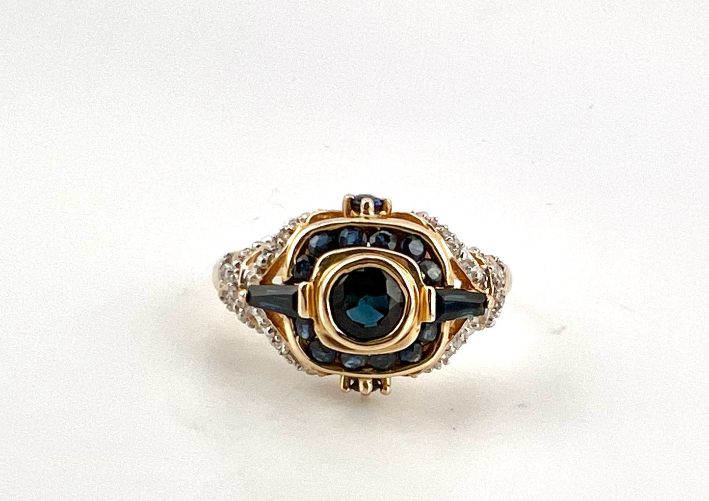 14K yellow gold, ladies, diamond, and sapphire ring