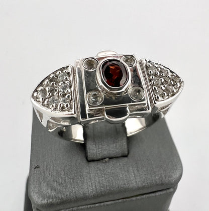 Sterling silver ring with CZ and red stone