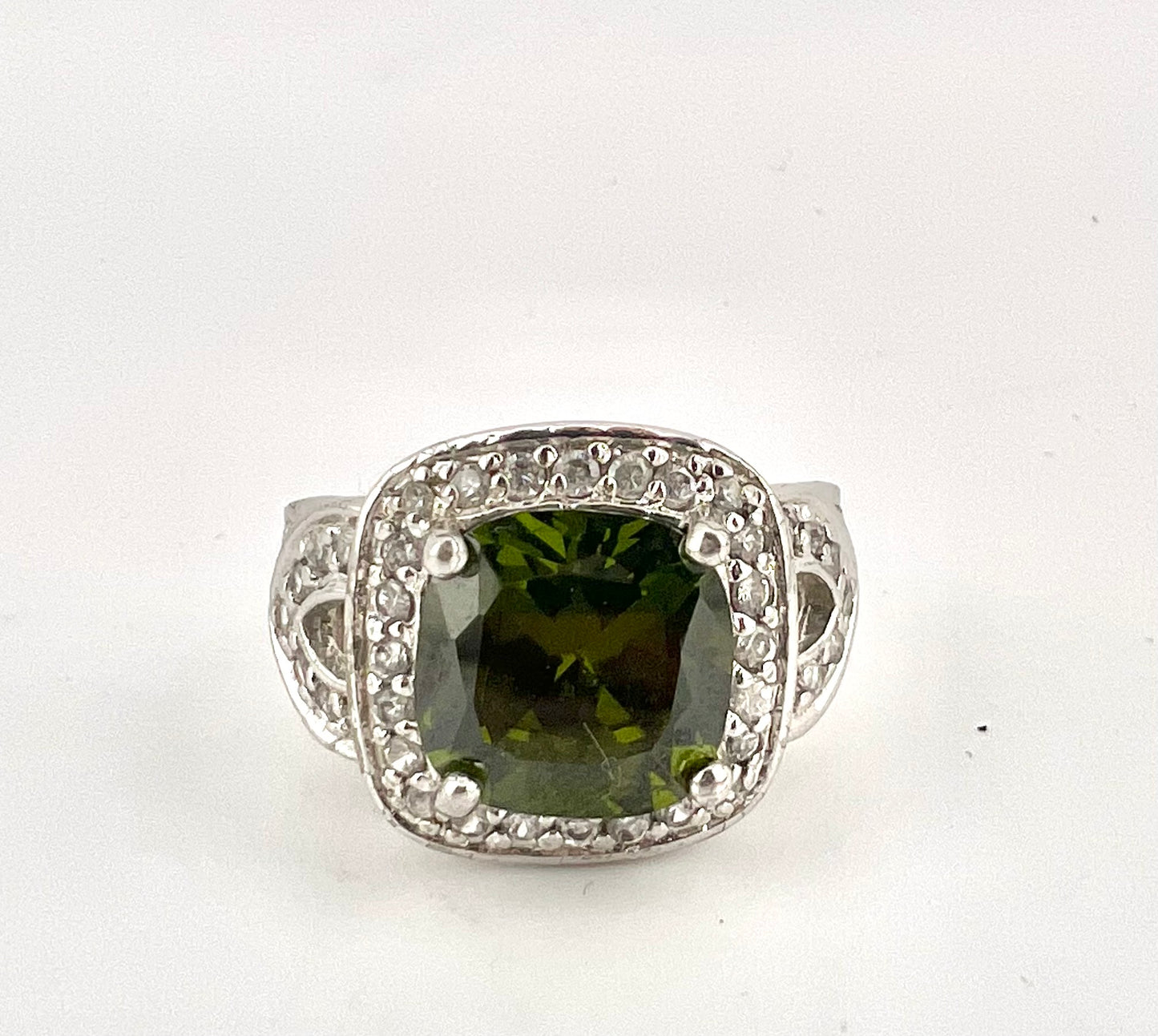 Ladies green gemstone halo, fancy sterling ring