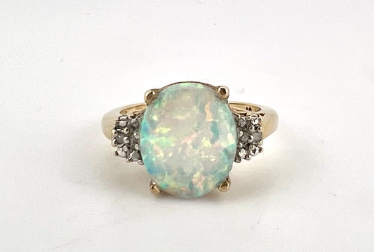 10k yellow gold ladies opal and diamond ring