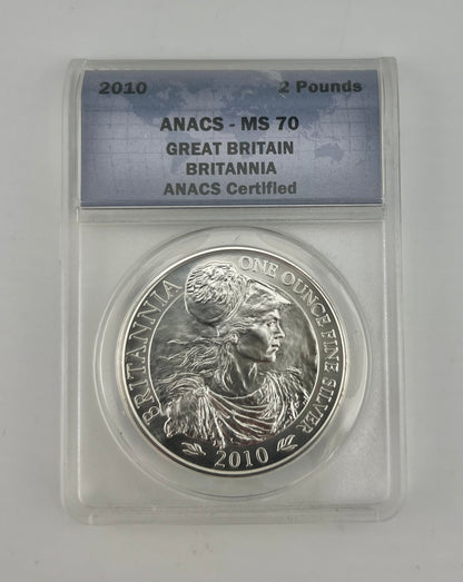 2010 Great Britain British Britannia ANACS MS70 1oz Fine Silver Coin