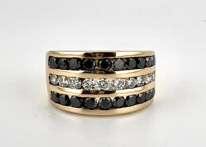 18K yellow gold three row channel set white and black diamond wedding band