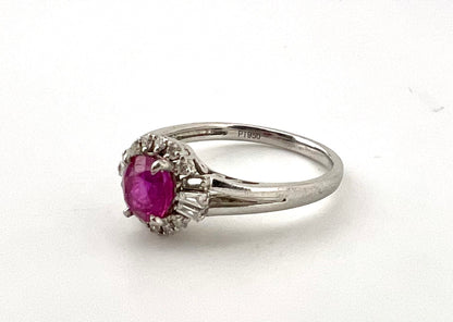 Ladies, platinum 950 diamond ring halo with Ruby center stone