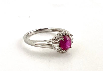 Ladies, platinum 950 diamond ring halo with Ruby center stone