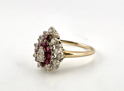 14K yellow gold ladies, pear-shaped, diamond, and ruby cluster ring