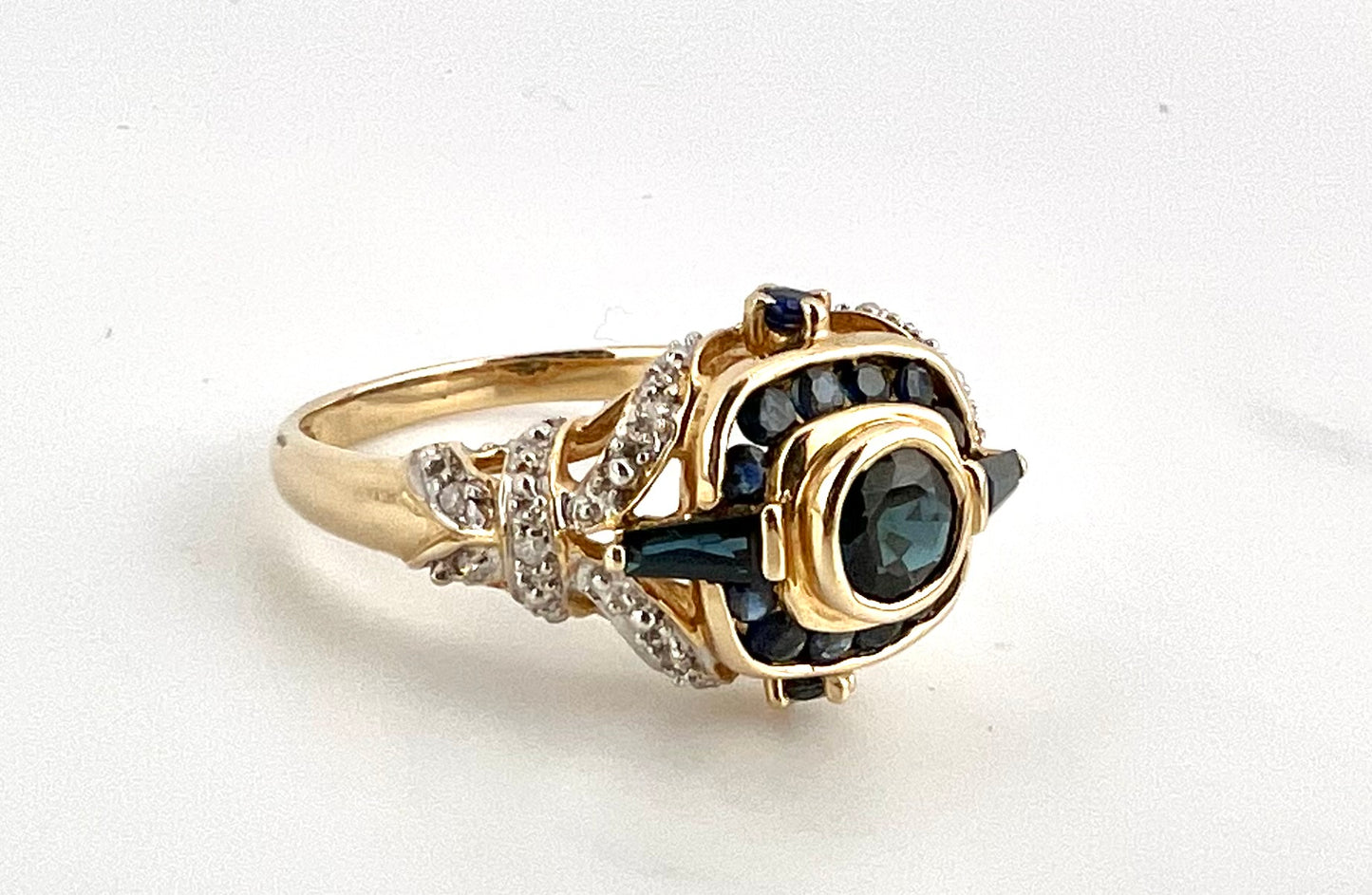 14K yellow gold, ladies, diamond, and sapphire ring