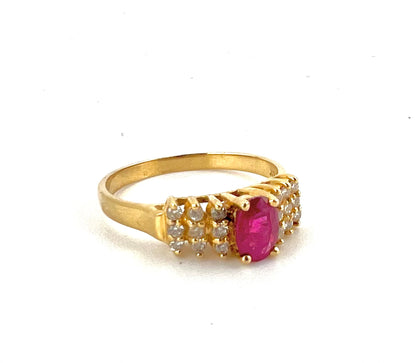 14K yellow gold ladies ruby main Stone and diamond ring