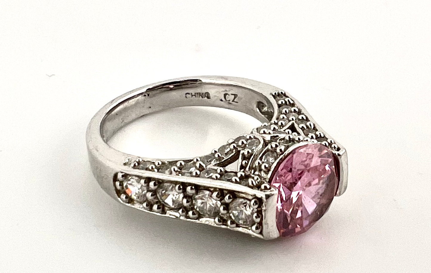 Ladies 925 silver ring with pink stone and CZ inlay