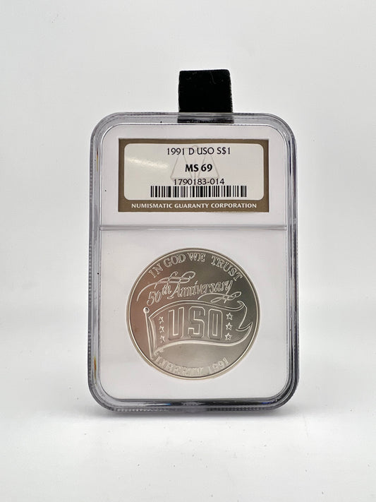 1991-D USO Anniversary S$1 MS 69 Commemorative Coin NGC