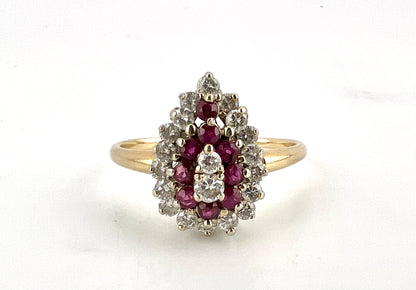 14K yellow gold ladies, pear-shaped, diamond, and ruby cluster ring